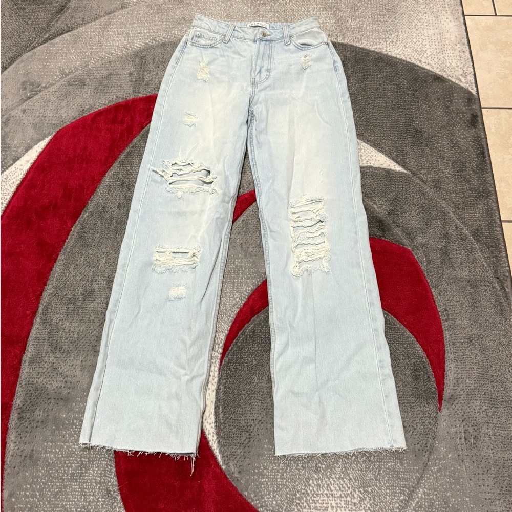 Denim&Co Blue Flare Wide Leg Distressed Jeans